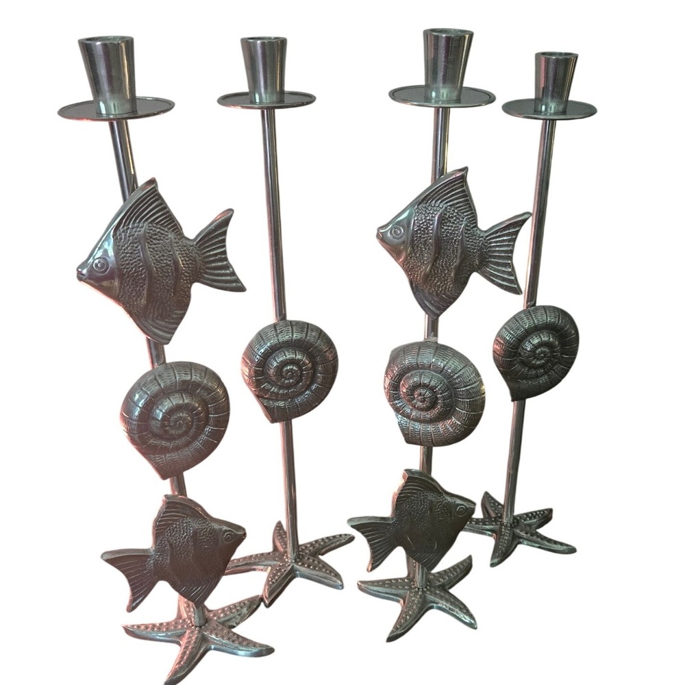Coastal Nautical‎ Cast Aluminum Fish Shell Starfish Taper Candle Holders Set 4